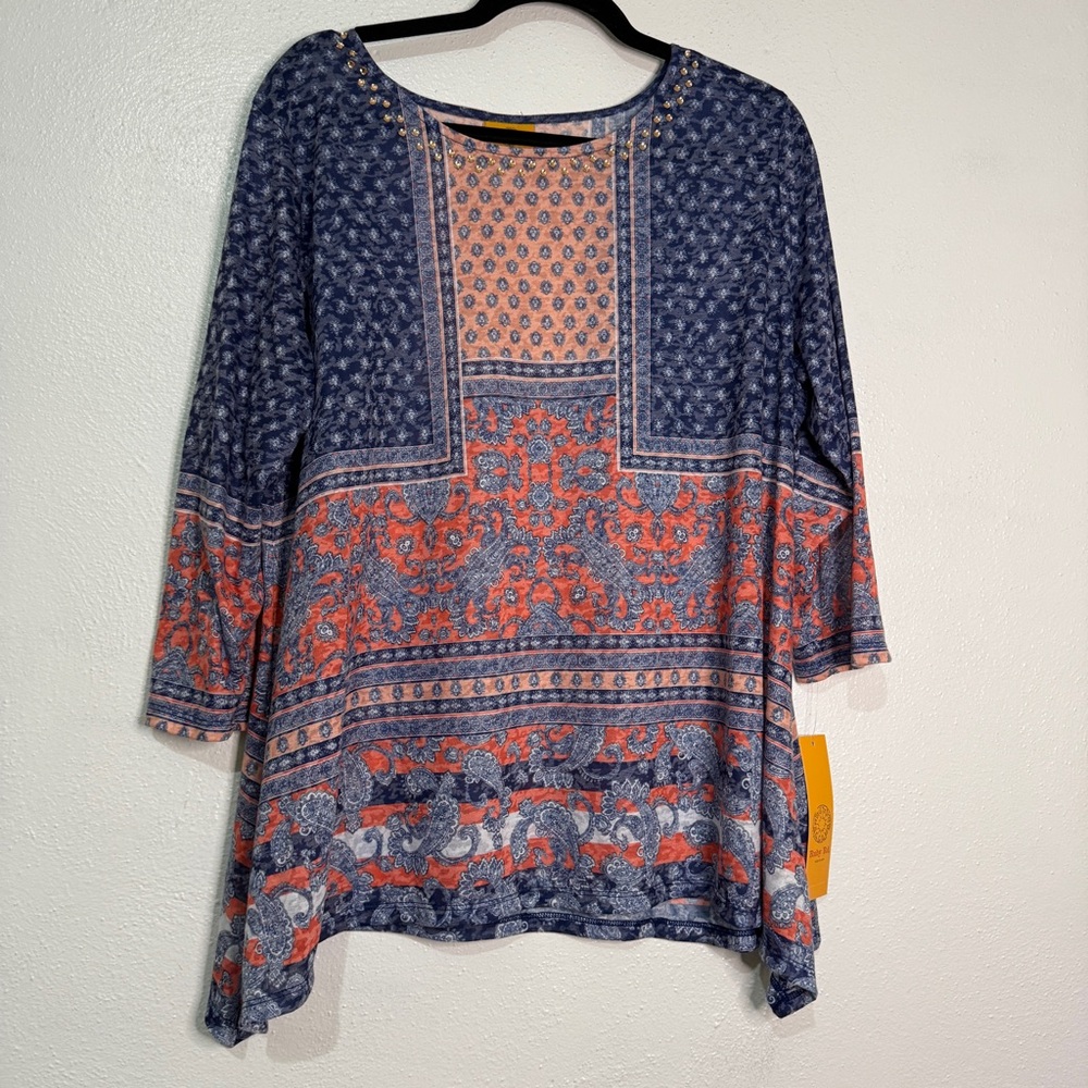 Ruby Rd. Navy and Coral Print Long Sleeve Tunic. Sz XL. NWT.